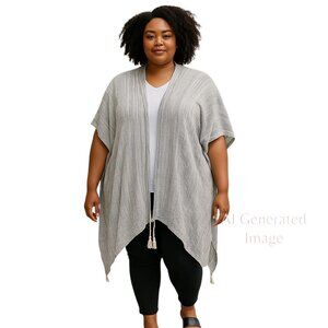 C x F Blue White Stripe  Viscose Soft Sheer Open Front Long Tassel Boho Cardigan